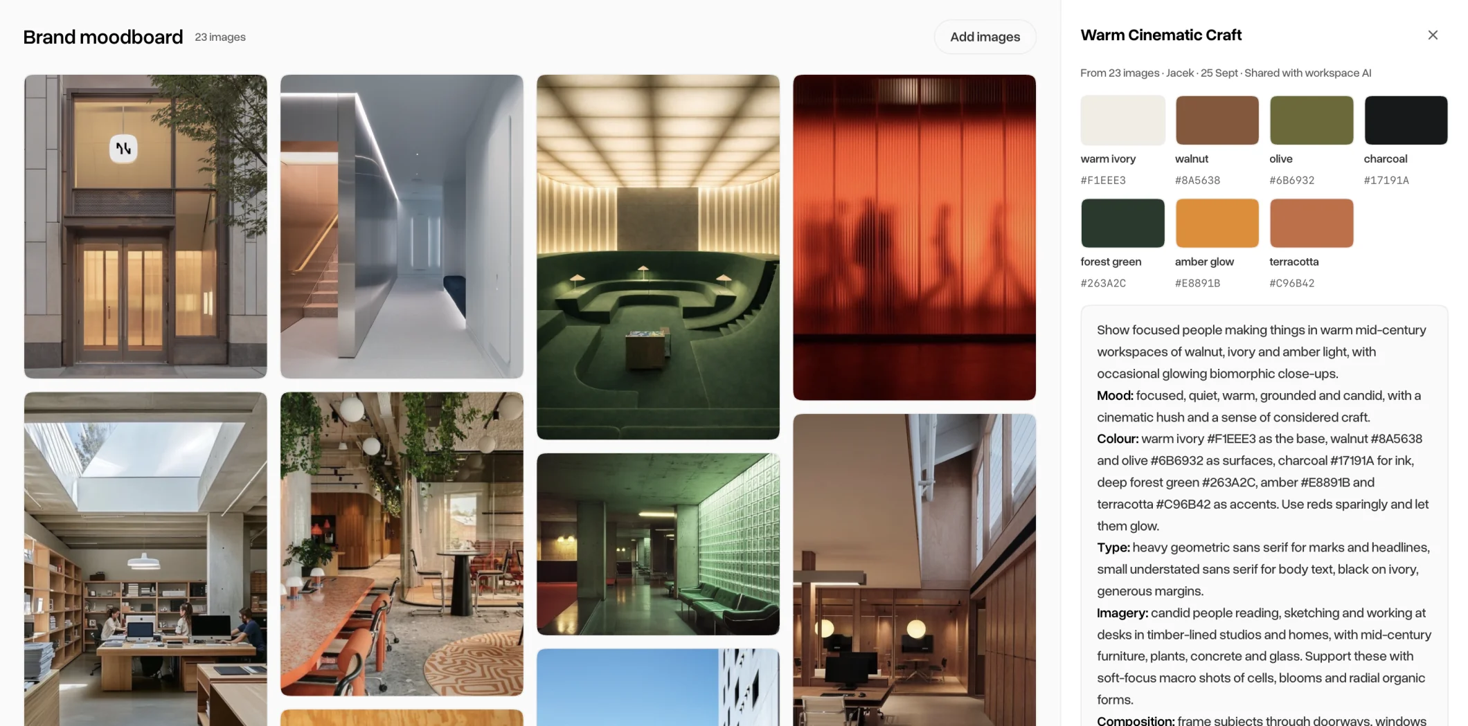 The WeMachines Brand app: a grid of interiors, studios and people at work on the left, and on the right the brand prompt it generated, called Warm Cinematic Craft, with a palette of seven colours from warm ivory to terracotta above the prompt text.