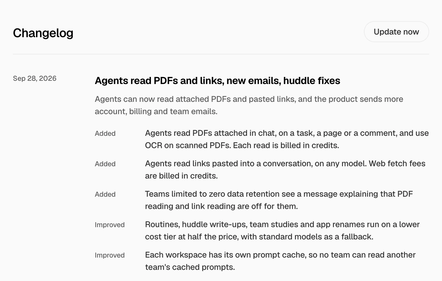 An entry in the Public Changelog app dated 28 September 2026, titled 'Agents read PDFs and links, new emails, huddle fixes', with each change below it marked Added or Improved.
