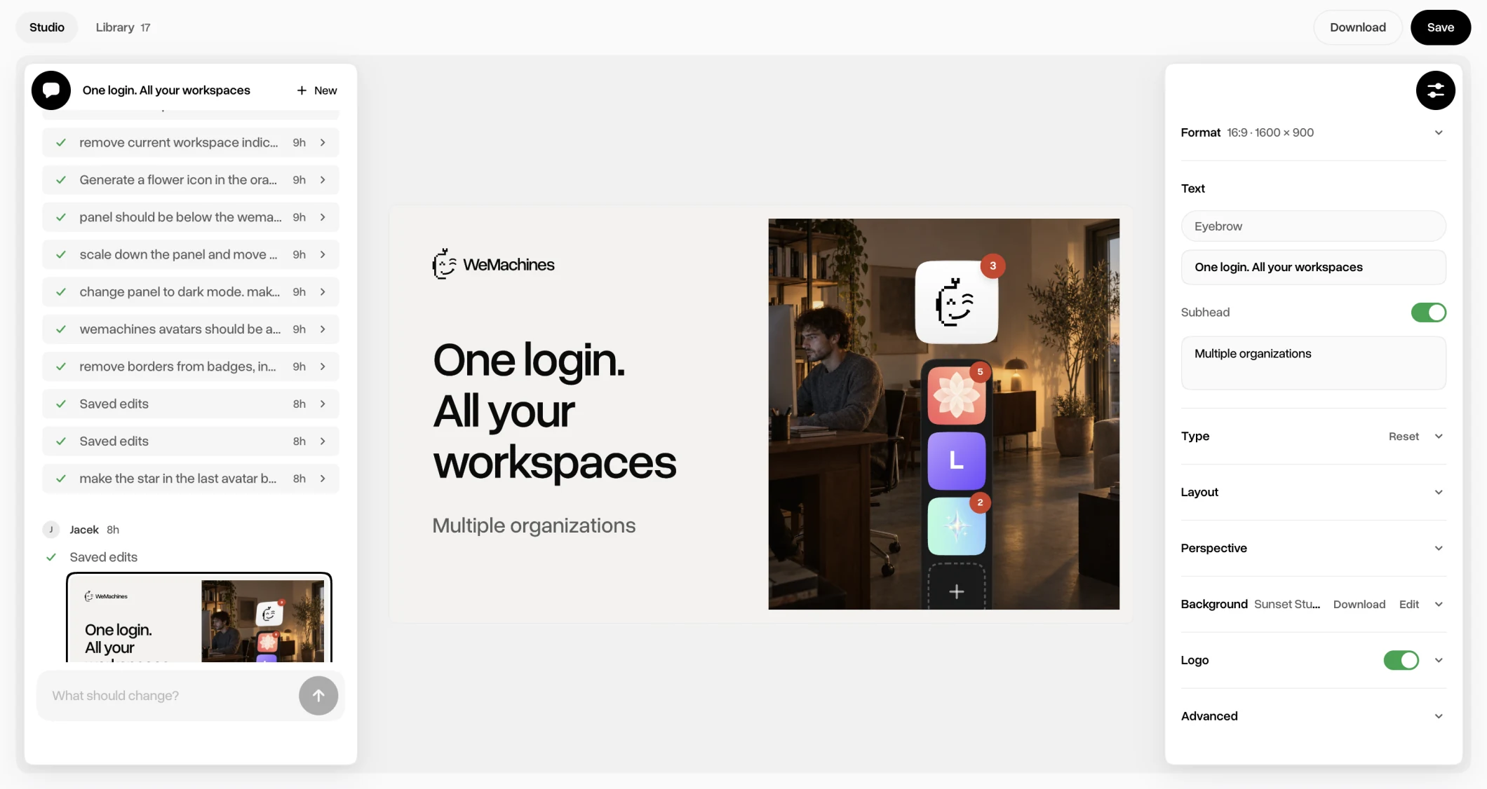 The Press Mockups app mid-edit: a thread of short asks on the left, a mockup reading 'One login. All your workspaces' in the middle, and its format, text and layout settings on the right.
