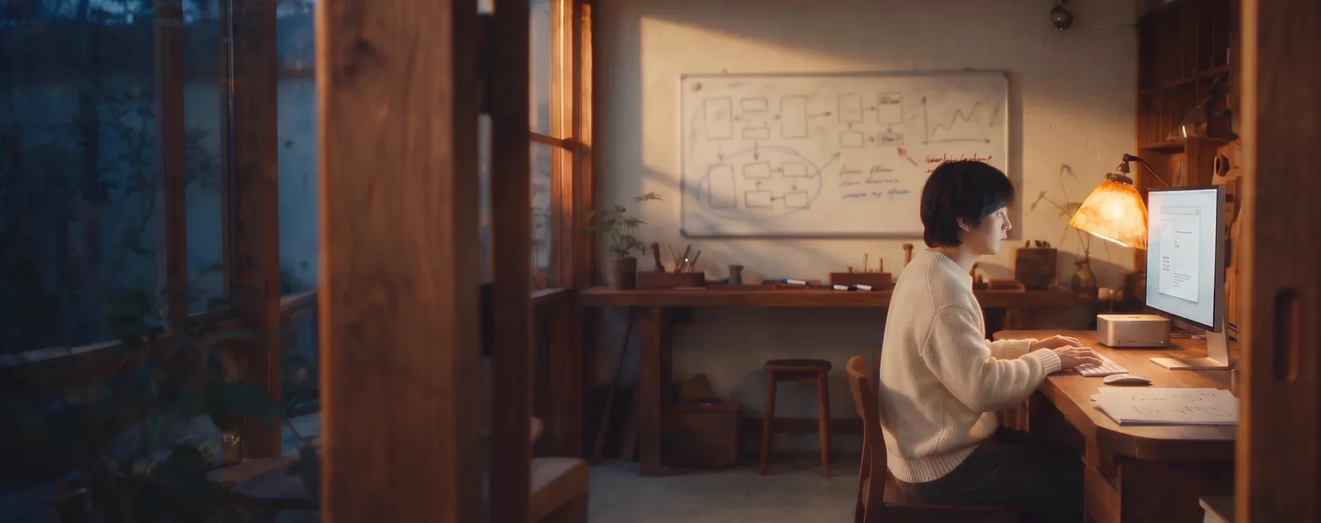 Seen through an open timber doorway at dusk, a person in an ivory sweater types at a Mac with a large display under an amber lamp, beside a whiteboard of rough marker sketches.